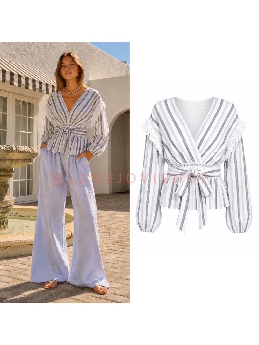 Coastal | Saylor Fringe Linen Striped Wrap Blouse | Summer Jill Top | Statement